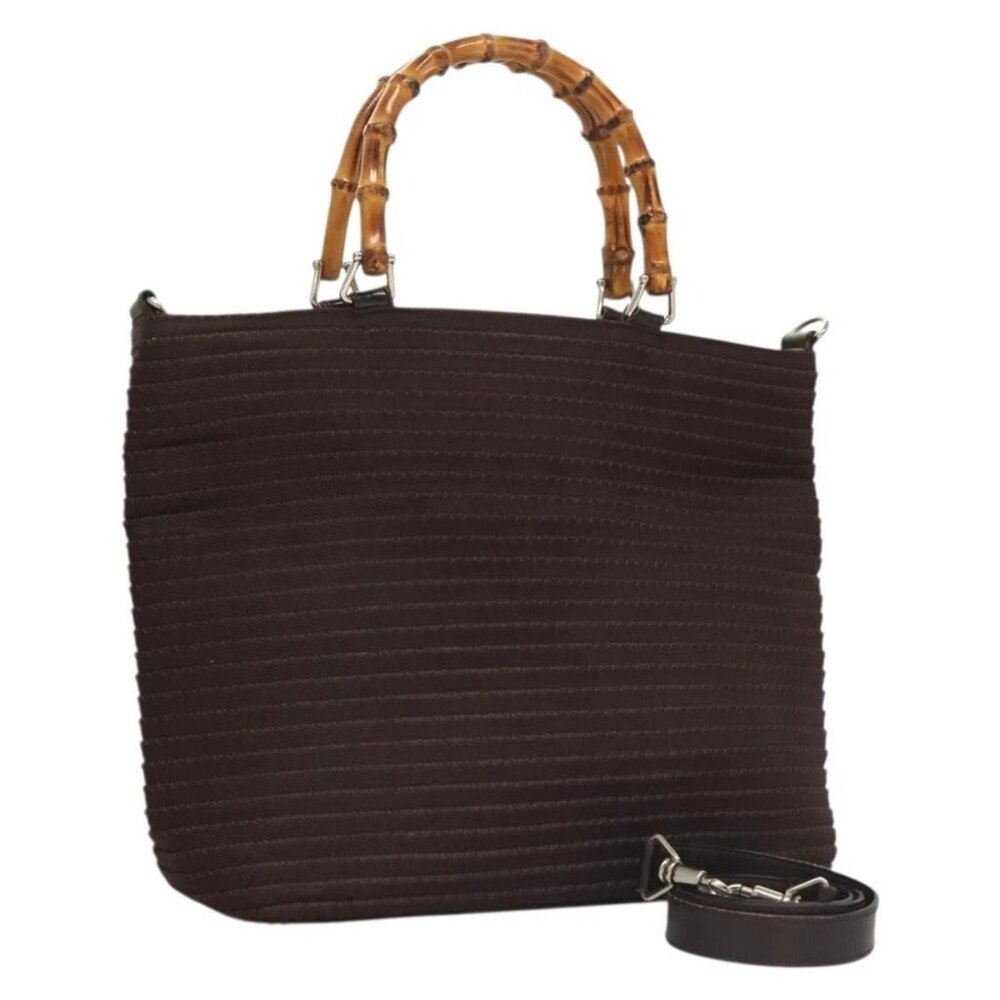 GUCCI Bamboo Hand Bag Nylon 2way Brown Silver